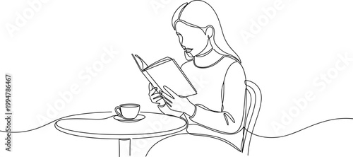 Continuous line drawing of a woman reading a book with a coffee cup on a table.