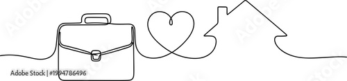 Work life balance, heart connects briefcase and house, continuous line art