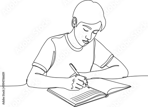 Young boy writing in notebook, focused on homework, education concept, line art illustration