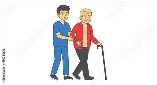 A young healthcare worker assists an elderly man with a walking cane