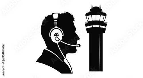 Air traffic controller with headset and control tower black silhouette