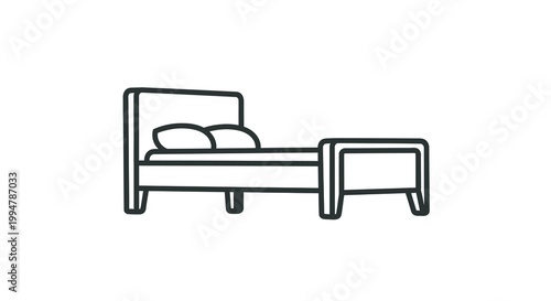 Simple line drawing of a bed with pillows and nightstand