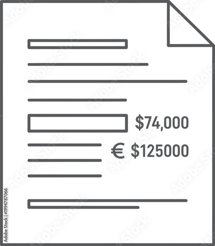Document showing seventy four thousand dollars and one hundred twenty five thousand euros