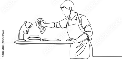 Man in Apron Cleaning Desk with Cloth, One Line Art