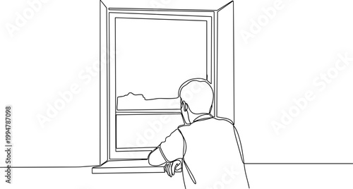 Person looking out window at landscape, line drawing, contemplation, simple illustration