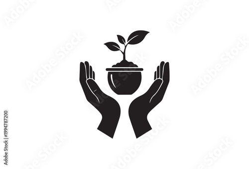 Eco friendly symbol, sustainable growth icon, hand holding plant, environmental care logo, green initiative