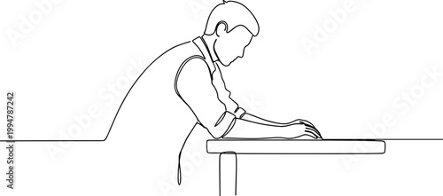 Minimalist line art of a person leaning over a table, focused on their work or a task.