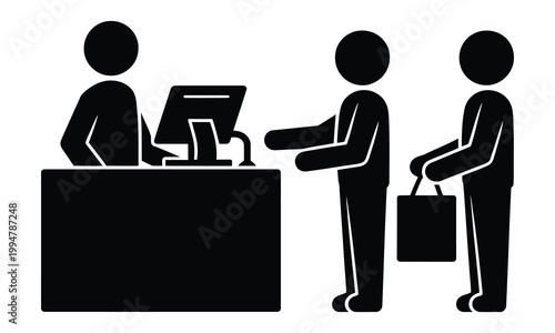 Customer receiving an item from a service counter with a laptop