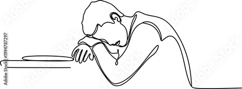 Exhausted man resting head on desk, single line drawing, stress, fatigue, burnout concept
