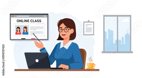 Smiling female teacher conducting an online class from home, pointing at a virtual classroom screen with students on a laptop, depicting remote education and e-learning.