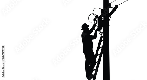 Lineman working on high voltage power lines climbing a pole silhouette