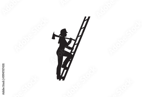 Black silhouette worker climbing ladder with axe, industrial laborer, construction worker icon, worker silhouette
