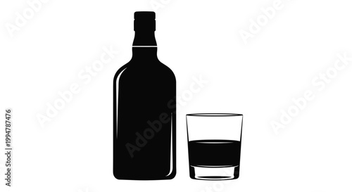 Bottle and glass with dark liquid simple black shapes striking silhouette