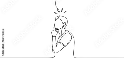Continuous line drawing of a man thinking, with a lightbulb idea symbol above his head.