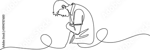 Continuous Line Drawing of a Person in Distress, Head Down, Embracing Knees