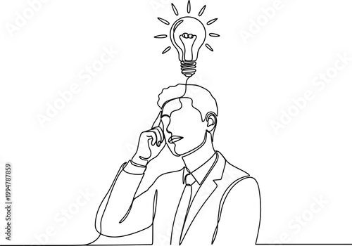 Man with Light Bulb Idea Above Head, Continuous Line Drawing