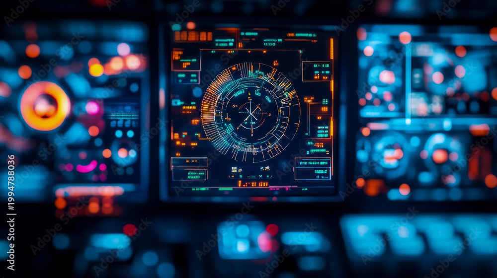 Fototapeta premium Futuristic command center dashboard with glowing holographic displays, complex digital interfaces, and intricate data visualizations, representing advanced technology and control systems.