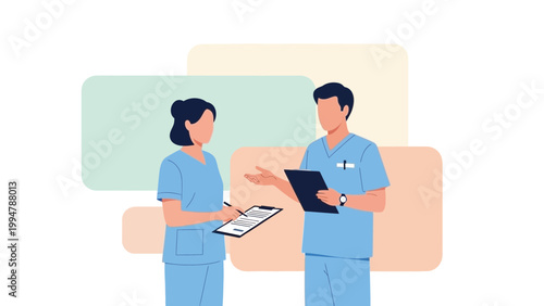 Two doctors in blue scrubs discussing medical chart, modern flat illustration