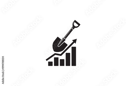 Business growth, finance, investment, and success concept, black vector icon of shovel and chart with arrow