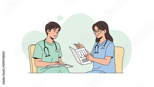 Two doctors in scrubs discussing medical documents, illustration