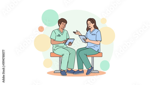 Two doctors in scrubs discussing medical information on tablets, sitting on a bench.