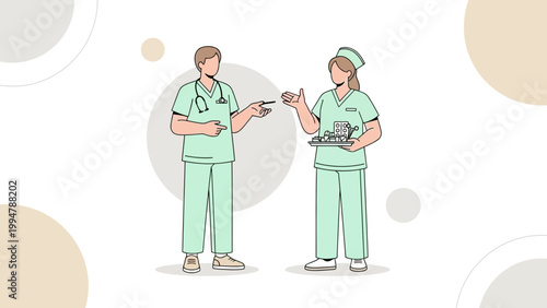 Two healthcare professionals in scrubs discussing medical items, illustration