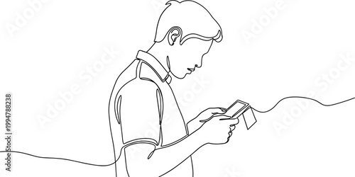 Minimalist Line Art: Young Man Using Mobile Phone, Technology, Connection