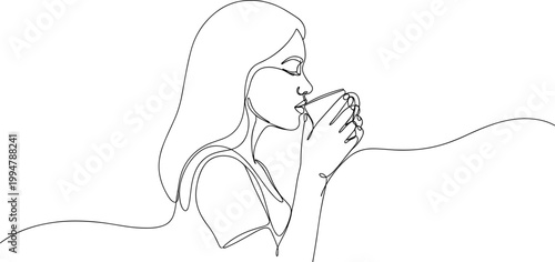 Continuous line drawing of a woman drinking from a mug, minimalist art, elegant and simple.