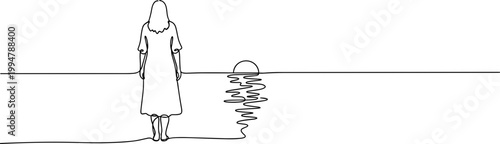 Woman in dress facing sunset over calm sea, minimalist line art