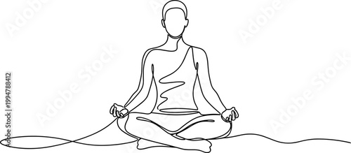 Continuous line drawing of a person meditating in lotus pose, minimalist, zen, yoga