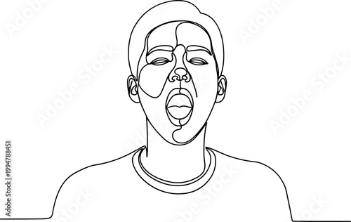 Continuous Line Drawing of a Young Person Yawning, Mouth Open Wide, Exhausted Expression