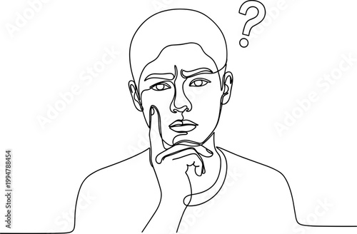 Man thinking, question mark above head, line art, confused expression, doubt, uncertainty