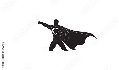 Superhero, heart symbol, black silhouette, vector icon, graphic resource