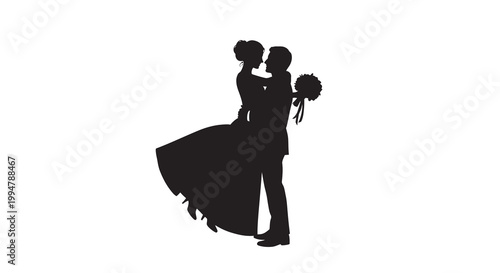 Silhouette of a bride and groom embracing in a romantic pose
