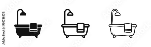 Bathtub with Shower Icon Set, Bathroom Hygiene and Hotel Service Symbols