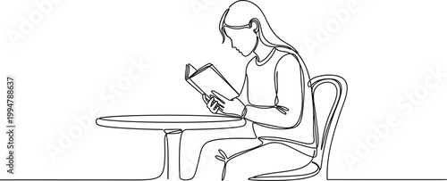 Continuous line drawing of a woman reading a book at a table, minimalist art, focus on learning.