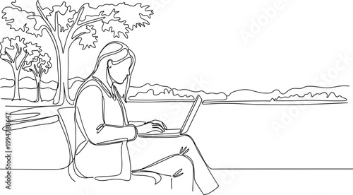 Woman Working Remotely Outdoors, Laptop by Lake, Nature Landscape Sketch
