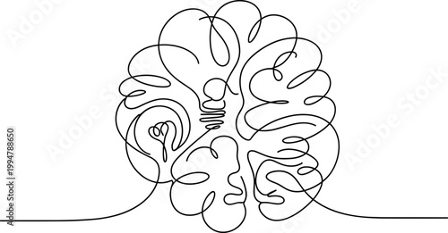 Continuous line drawing of a brain merged with a lightbulb, symbolizing ideas and innovation.