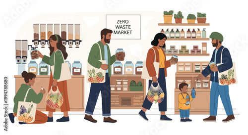 Diverse shoppers at a zero waste market, refilling containers with bulk food and sustainable products for eco-friendly living.