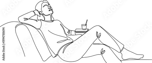Single Line Drawing of Person Relaxing on Sofa with Drink and Book