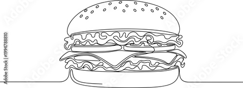 Minimalist line art burger illustration, simple and clean design for food concepts.