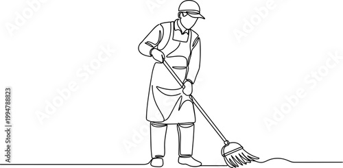 Single Line Drawing of a Person Sweeping Floor with Broom, Minimalist Art