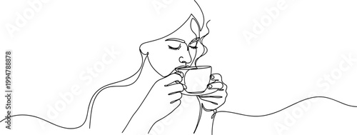 Minimalist Line Art Woman Drinking Coffee, Enjoying Warm Beverage