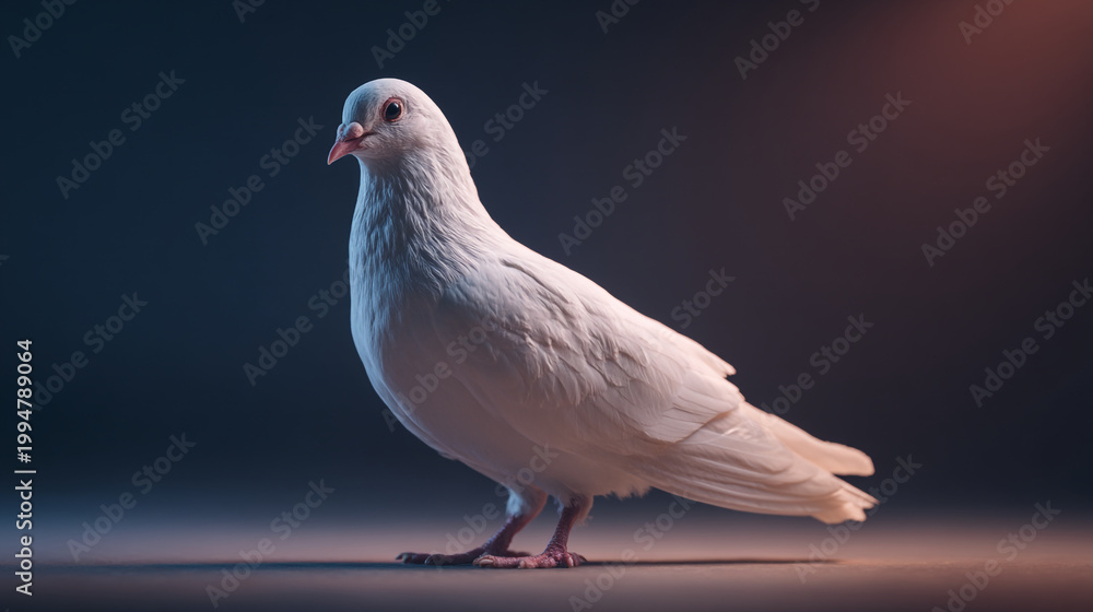 Obraz premium White pigeon stands on a dark surface with soft lighting highlighting its features