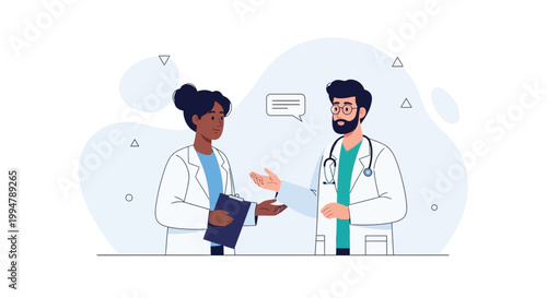 Doctors Discussing Medical Case with Clipboard and Stethoscope