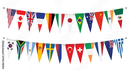 A string of pennant flags representing various nations around the world