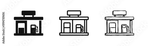 Gas Station Icon Set with Solid Outline and Sketch Styles for Fuel and Transportation Design