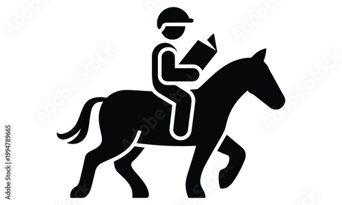 Jockey reading while riding a galloping horse in silhouette style