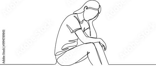 Continuous Line Drawing of a Woman Sitting in Sadness