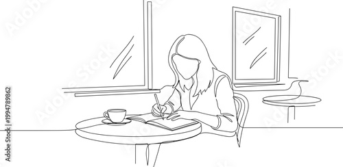 Woman writing in notebook at cafe table with coffee, line art illustration